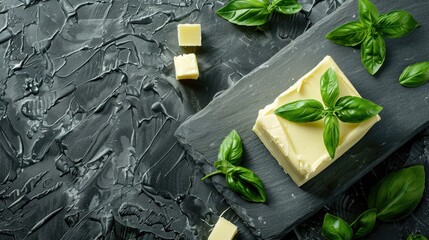 Canvas Print - Tasty butter block with basil on a grey surface seen from above