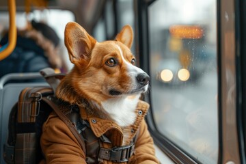 Wall Mural - A dog is sitting in a bus with a backpack on its back