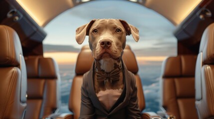 Wall Mural - A dog is wearing a suit and tie and sitting in the back of a plane