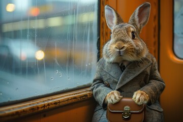Wall Mural - A rabbit is sitting on a train with a brown purse