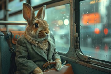 Wall Mural - A rabbit is sitting on a bus with a briefcase
