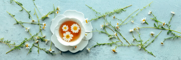 Wall Mural - Chamomile flower tea panorama. A tea cup with infusing blossoms, overhead flat lay shot, panoramic banner, an organic home remedy