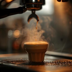 Wall Mural - Aromatic Espresso Shot with Billowing Steam and Dark Blurred Background