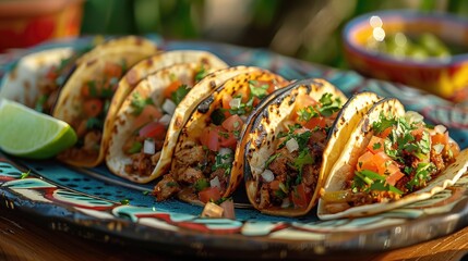 Delicious Mexican tacos with meat, beans and vegetables on a dark background. Close up