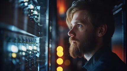 Aufkleber - it specialist configuring secure network in small business office for digital communication and tech