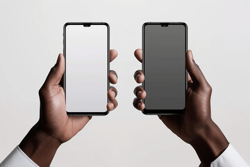 Photorealistic Hands Holding Two Modern Smartphones in Different Positions