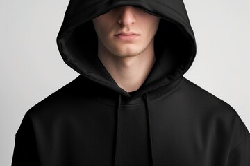 man wears black hoodie. no face isolated clothing mockup studio photo