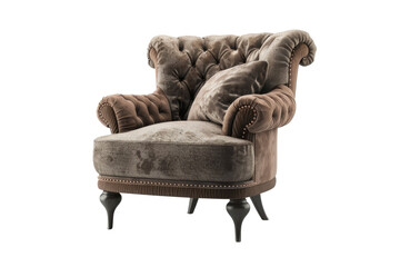 Elegant brown velvet armchair with a tufted button design and curved armrests, perfect for adding a touch of sophistication to any room.