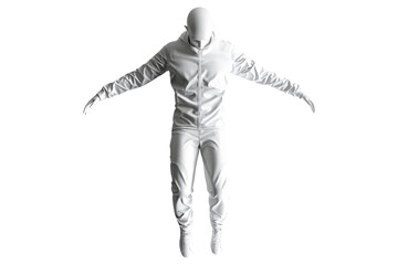 Futuristic white full-body suit with hood, isolated on a clean background, showcasing modern design and advanced material technology.