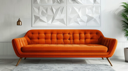 A cozy orange fabric sofa with wooden legs, set against a white wall with geometric art.