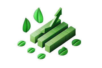 Poster - Green bar chart with growth arrow and leaves, symbolizing eco-friendly business growth and sustainability on a transparent background.