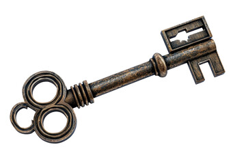 Vintage metal key isolated on transparent background. Antique, old-fashioned key symbolizing mystery, security, and access.