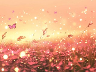 christmas or fantasy fairy background, fun warm summer or spring colours, fireflies meadow illustration 