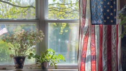 Wall Mural - Potted plants on windowsill with American flag outside, fresh spring scene