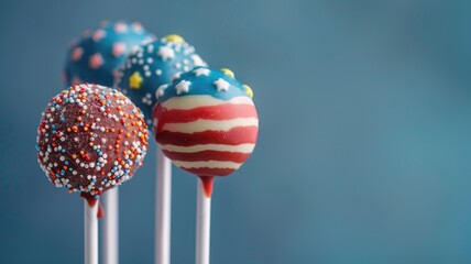 Wall Mural - Assorted decorated cake pops, featuring stars and stripes with sprinkles, on white sticks against blue background