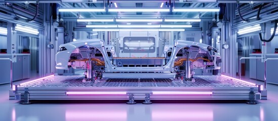 Automation automobile factory concept with 3d rendering robot assembly line with electric car battery cells module on platform.