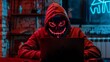 © BigHeartHouston - Hacker in a neon mask. Cyber criminal with laptop. Cyber crime, hacker activity, digital system security, cyber attack threat, malware virus alert concept, fraud money, ddos attack.