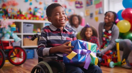 Happy african american boy with disability in wheelchair holds big gift at his birthday party. Generative ai