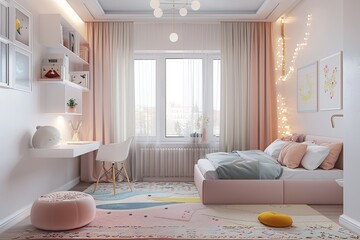 Wall Mural - Pastel Minimalist Kid's Room: Soft pastel colors, simple furniture, cozy rugs, and floating shelves.