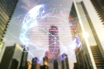 Poster - Abstract virtual world map with connections on office buildings background, international trading concept. Multiexposure