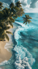 Top view aerial drone shot of beautiful white sand beach with green coconut trees and turquoise clear water