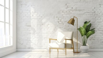 Wall Mural - Items near white brick wall golden lamp chair plant screen