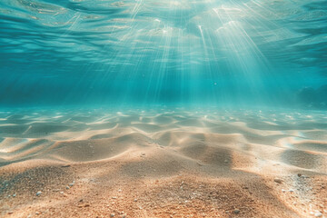 Underwater view of a sandy beach with light rays from the top, clean composition for background