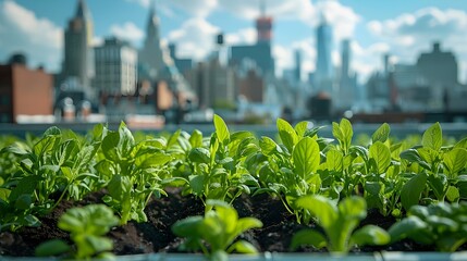 Canvas Print - Thriving Rooftop Garden with Vibrant City Skyline in the Background   Promoting Sustainable Urban Agriculture