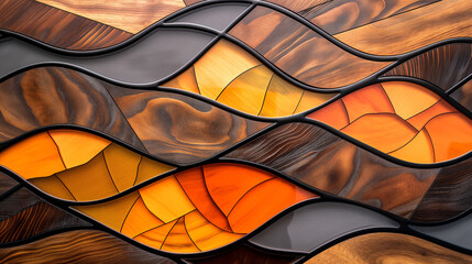 Shaped, wavy mosaic background made from pieces of smooth wood.