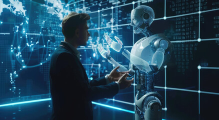 Wall Mural - A business man talking to an AI hologram, the robot is giving him some data or information in his hands, futuristic office background