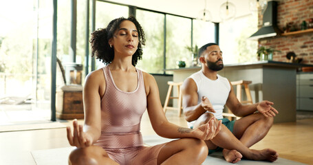 Poster - Calm, home and couple with meditation on floor for mental health, balance or mindfulness on weekend. Zen, man and woman with spiritual healing exercise for chakra, awareness or connection in marriage