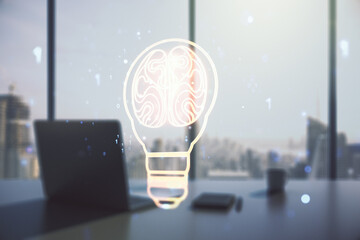 Poster - Double exposure of creative light bulb hologram with human brain and modern desktop with laptop on background, idea and brainstorming concept