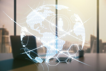 Aufkleber - Social network media concept with world map and modern desktop with pc on background. Double exposure