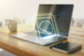 Poster - Double exposure of creative human brain microcircuit and modern desk with computer on background. Future technology and AI concept