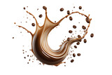 Milk Brown coffee liquid swirl splash and little bubbles with falling coffee Beans isolated on transparent png background, liquid fluid element flowing in form of wave.