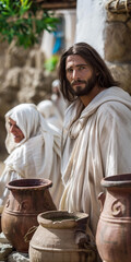 Canvas Print - Jesus Christ turns water into wine, Miracle in Canna of Galilee. Bible times. Photos for evangelical publications