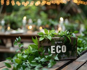 Wall Mural - Eco Friendly Wedding Decor and Catering with Green ECO Sign and Nature Elements