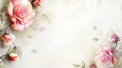 Sticker - Romantic light background with pink roses and free space for text