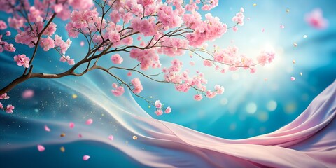 Wall Mural - 
Sakura blossoms on a blue background. 
Flowing, soft, translucent fabric . Soft pink flowers and petals scattered everywhere.