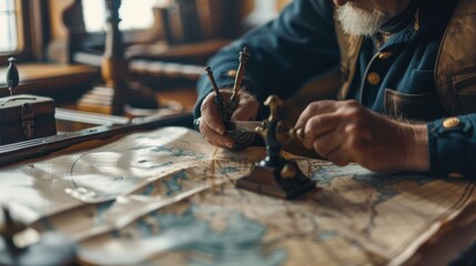 Close-up of ship captain navigating with antique nautical instruments and map
