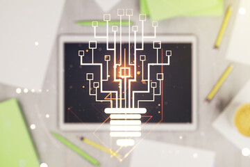 Aufkleber - Double exposure of creative light bulb hologram with chip and digital tablet on background, top view, idea and brainstorming concept