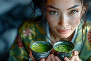 Portrait of Japanese woman holding two cups of green matcha tea.