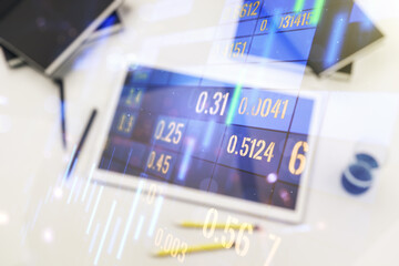 Poster - Double exposure of abstract creative financial chart and digital tablet on background, top view, research and strategy concept