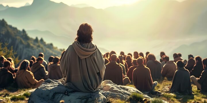 Jesus teaching on a mountaintop in the Sermon on the Mount. Concept Spirituality, Religion, Biblical Teachings, Sermon on the Mount, Jesus Christ