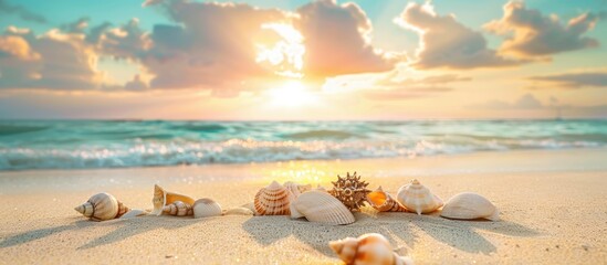 Sticker - Shells scattered on sandy shore under glowing summer sky