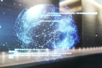 Aufkleber - Abstract virtual coding concept and world map hologram on blurry modern office building background. Multiexposure