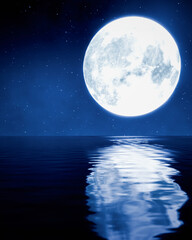 Wall Mural - Astronomical Phenomenon the blue full moon is reflected in the sea. The shadow of the island in the ocean The sky has many stars. Ripples on the sea at night.3D Rendering