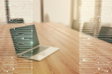 Aufkleber - Creative abstract micro chip hologram on modern computer background, artificial intelligence and machine learning concept. Multi exposure