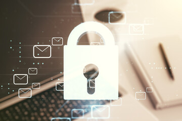 Poster - Creative light lock illustration with postal envelopes on modern computer background, cyber security and email protection concept. Multiexposure