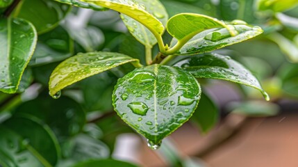 Wall Mural - Fresh raindrops on vibrant green leaves in a garden